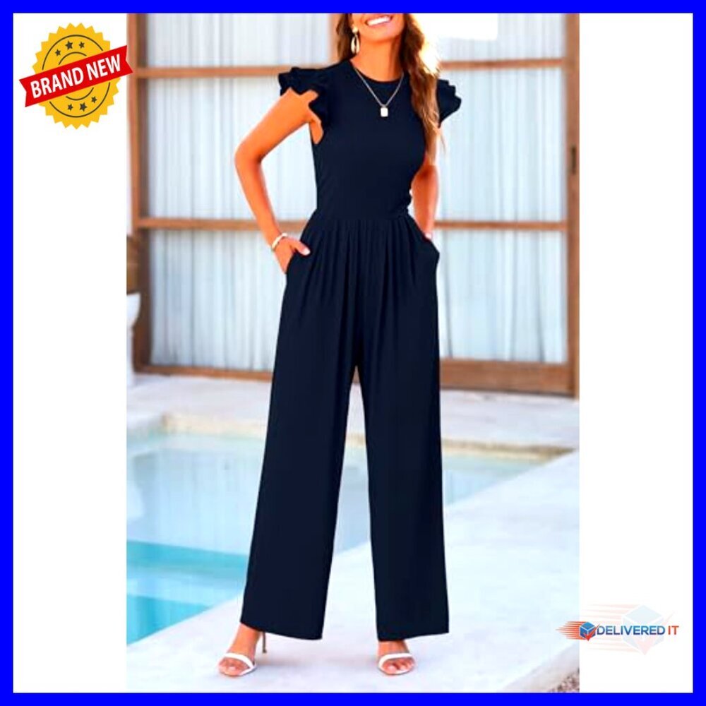 Ruffle Cap Sleeve Jumpsuit Rib Knit Slim Fit Elegant Summer Dressy Outfit - Picture 4 of 7